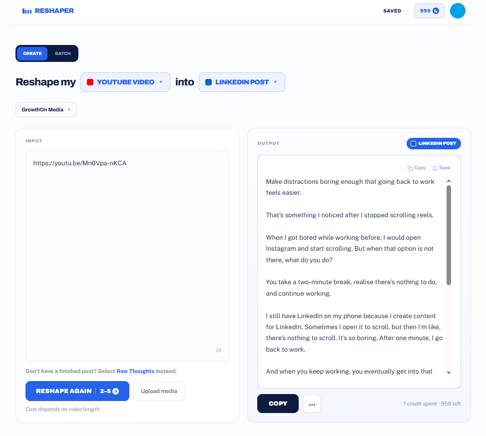 Reshaper AI turning a YouTube video link into a finished LinkedIn post, shown side by side in the app